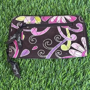 Vera Bradley Quilted Zip Wallet Brown Pink Floral Cotton Wristlet